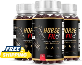 Three bottles of HorseFil daily energy gummies for men, a 90-day supply
